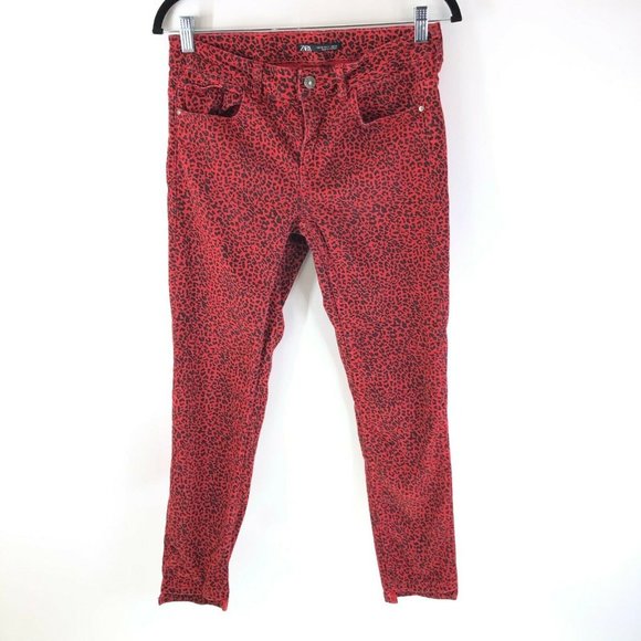 Zara Womens Skinny Jeans Leopard Print Ankle Crop Stretch Red Black Size 8